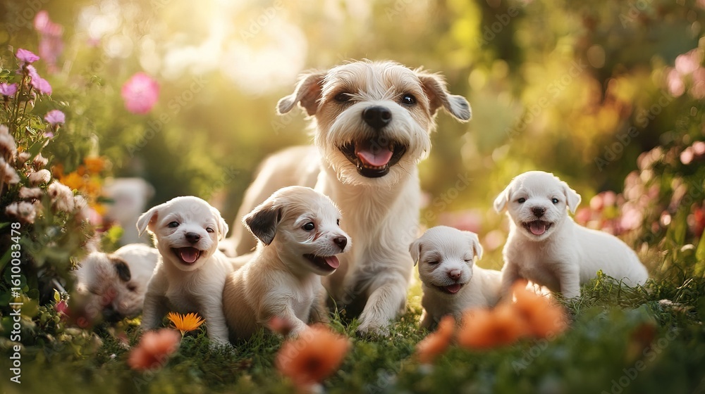 Fototapeta premium A happy dog family--mother and puppies--playing together in a garden.