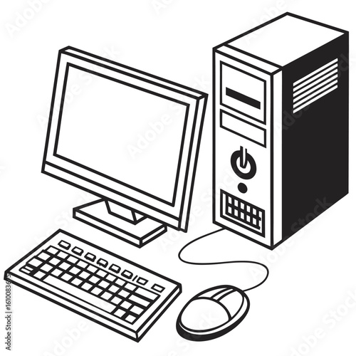 Desktop computer with monitor keyboard and mouse in black and white