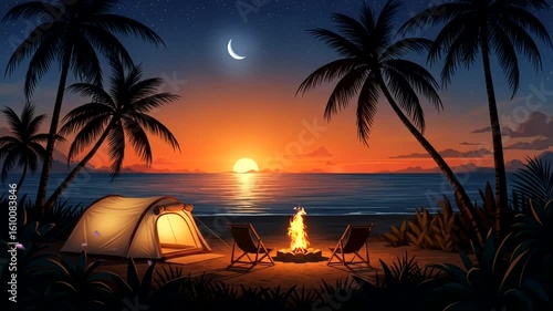 Tropical camping scene illustrated with glowing tent, cozy campfire, palm trees, and crescent moon over ocean during sunset. Travel concept
