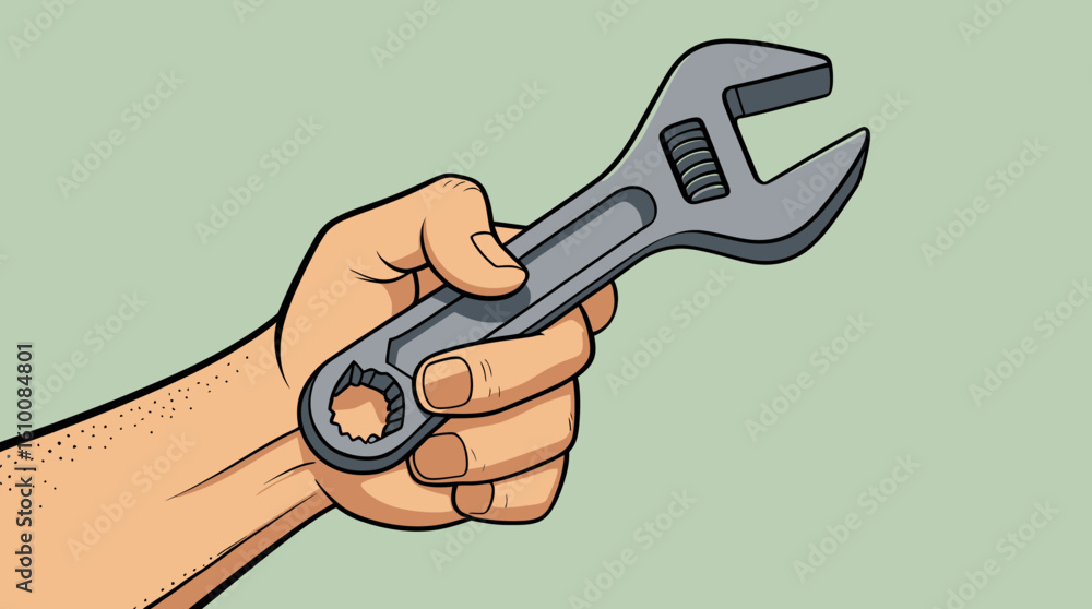 Obraz premium Close-up vector illustration of a hand holding an adjustable wrench, perfect for DIY, repair, and maintenance projects, emphasizing tools and craftsmanship.