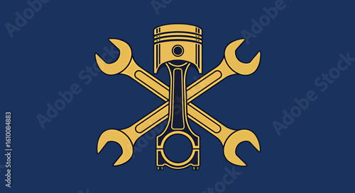 A vector illustration showcases a golden piston and crossed adjustable wrenches, symbolizing mechanical repair and engineering against a deep blue background, perfect for design.