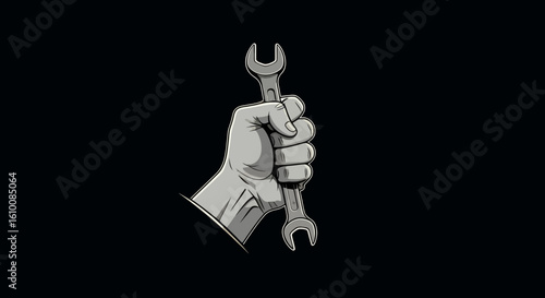 A grayscale vector illustration depicts a hand firmly gripping an adjustable wrench against a stark black backdrop, symbolizing repair and mechanical work.