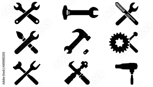 Collection of black and white vector icons representing various tools including wrenches, hammers, screwdrivers, and a hairdryer for industry and repair concepts.