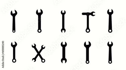 Collection of vector adjustable wrenches and pipes, perfect for mechanics, DIY projects, or industrial designs.  These versatile icons represent tools, repair, and engineering.