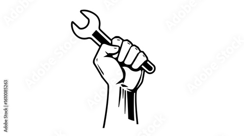 A strong hand firmly grips an adjustable wrench, a bold vector graphic representing construction, repair, and the power of tools in a simple, impactful black and white illustration.