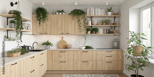 Scandinavian kitchen with light wood cabinets, floating shelves, and greenery, in a cozy apartment setting.
