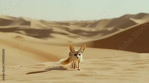 Fennec fox walking in the sahara desert landscape, cute animal, wildlife in north africa