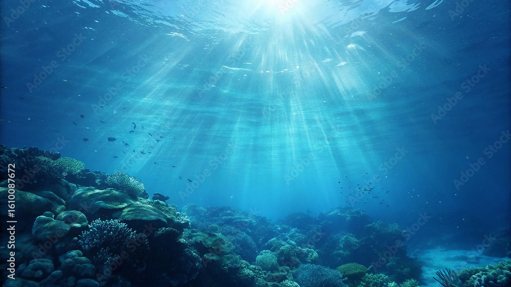 Fototapeta premium Sunlight beams through clear turquoise ocean water onto a vibrant coral reef below