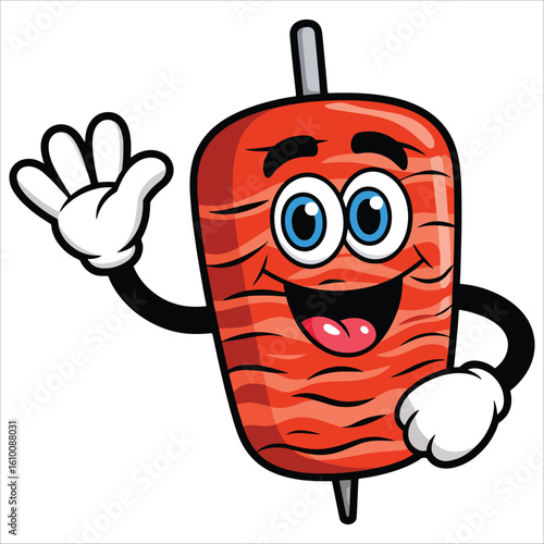 Grilling meat kebab on skewer with happy cartoon character waving greeting. Vector hand drawn illustration isolated on transparent background ideal for food themes.