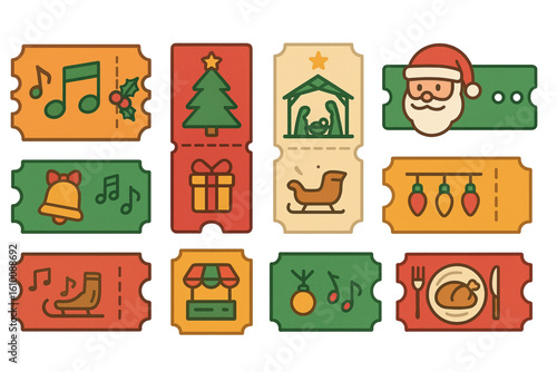 Flat Coloring Christmas Ticket Icons, Festive Holiday Event Set