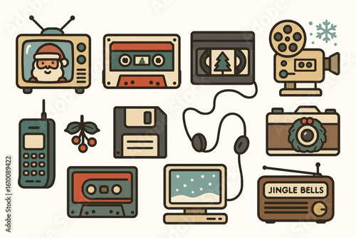 Flat Design Retro Tech Christmas Icons, Nostalgic Holiday Set