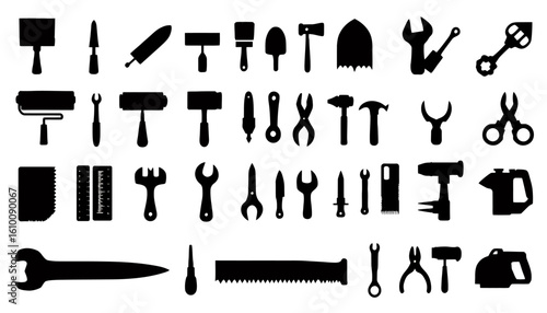 Collection of black silhouette icons representing various tools, including wrenches, hammers, pliers, and saws, isolated on a white background for design.