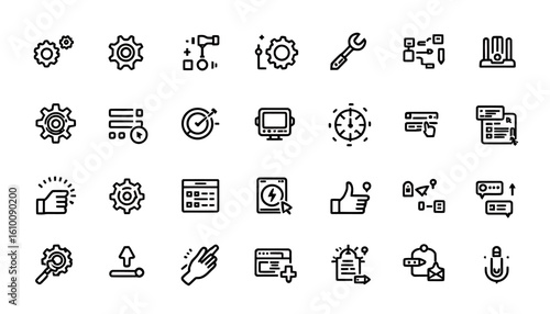 Collection of modern outline icons representing business, strategy, and development tools, including a wrench and adjustable pipe fitting.