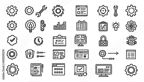 High-quality vector icons featuring an adjustable wrench, pipes, and various industrial and mechanical components, perfect for website design or technical manuals.