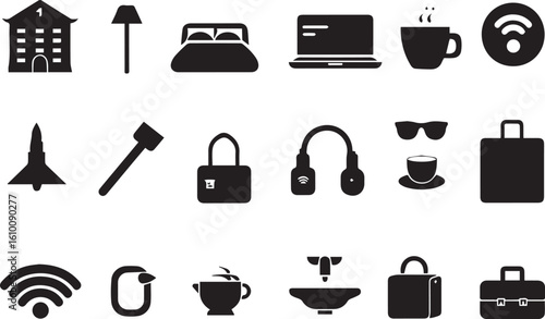 Building lamp bed laptop coffee wifi jet hammer lock headphones sunglasses cup briefcase wifi bird teapot sink briefcase