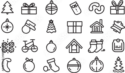 Christmas icons including trees gifts ornaments and socks present