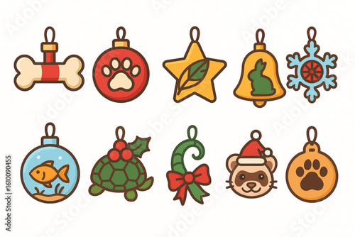 Flat Coloring Christmas Pet Ornament Icons, Festive Animal Holiday Set