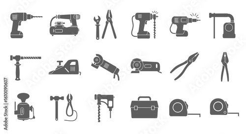 Collection of vector icons representing various tools, including drills, wrenches, pliers, and measuring tapes, useful for industry and DIY projects.