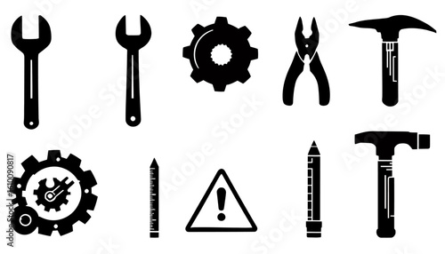 A vector illustration showcasing a collection of various black and white hand tools, including wrenches, hammers, pliers, and gears, arranged on a clean background.