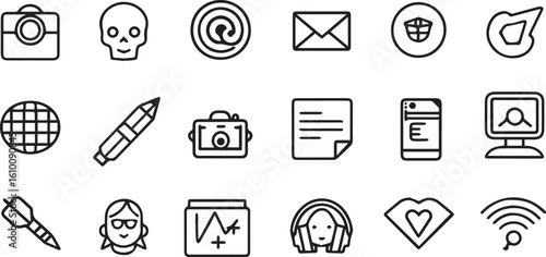 Collection of communication and technology icons camera skull