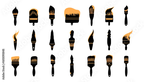 Collection of vector illustrations of paintbrushes with various shapes and styles, perfect for design projects needing tools, instruments, art supplies, or painting imagery.  Suitable for logos,