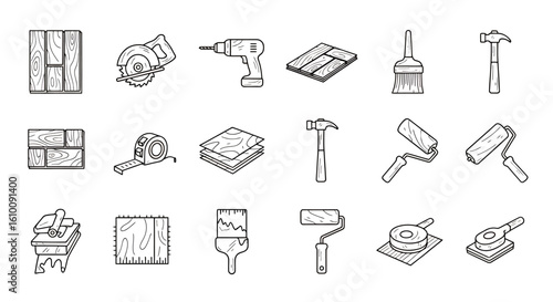 A comprehensive set of outline vector icons depicting various essential tools and materials for home renovation, construction, and DIY projects.