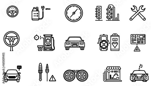 A vector illustration showcasing automotive repair and service icons, including wrenches, gauges, and car-related symbols, perfect for design and informational projects.