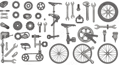 Vector illustration of various bicycle repair tools including adjustable wrenches, pipes, and other mechanical parts, perfect for DIY or repair shop websites and marketing materials.