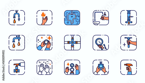 A collection of vector illustrations depicting plumbing and water-related concepts, featuring tools like a wrench and adjustable pipe, ideal for design and informational projects.