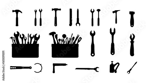 Collection of silhouette vector icons representing various hand tools including wrenches, hammers, and pliers, perfect for industrial or DIY themes.