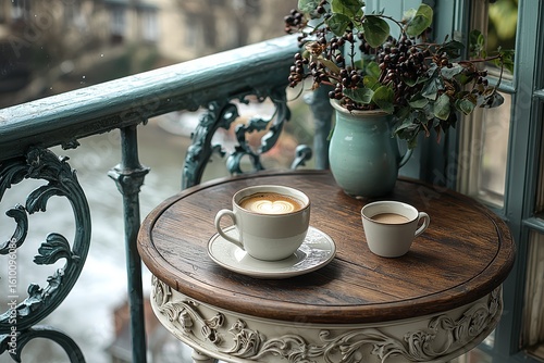 Round white metal side table with dark wood top in French country style on balcony by window with vase and coffee cup