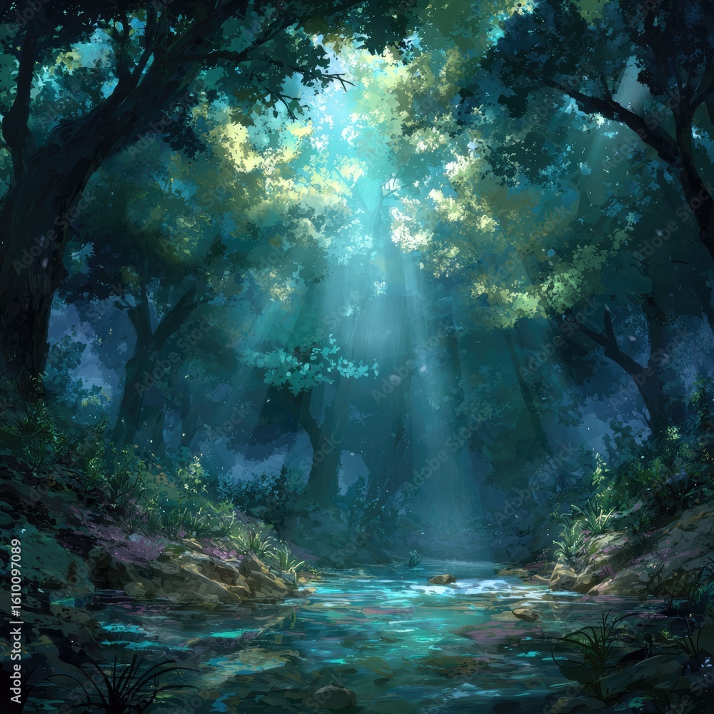 Obraz premium Lush forest stream bathed in sunlight