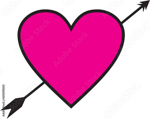 A vibrant pink heart, outlined in black, pierced diagonally by a black arrow with fletching and arrowhead.