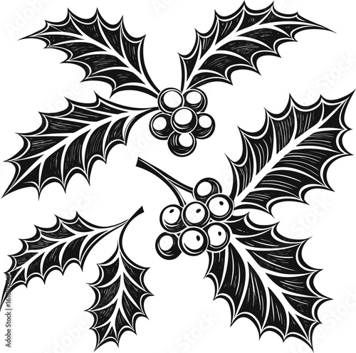 christmas holly leaves with berries black and white