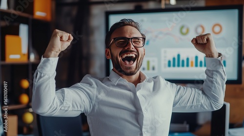Successful businessman celebrating in a modern office with charts showing growth and profit on screen behind him.