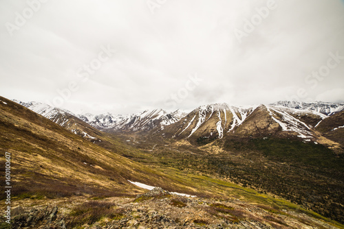 Expansive Mountain Valley with Snow-Capped Peaks