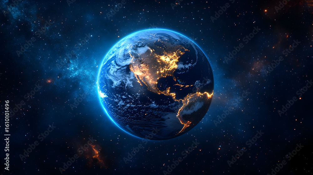 Fototapeta premium Stunning view of Earth from space, showcasing illuminated cities and swirling clouds against a starry backdrop