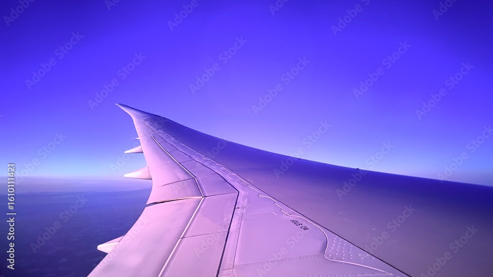 Fototapeta premium Airplane wing against a purple sky