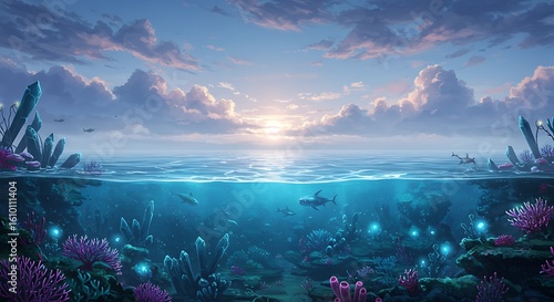 A serene seascape with a split view showing a vibrant underwater coral reef and a tranquil sky with fluffy clouds at sunset.