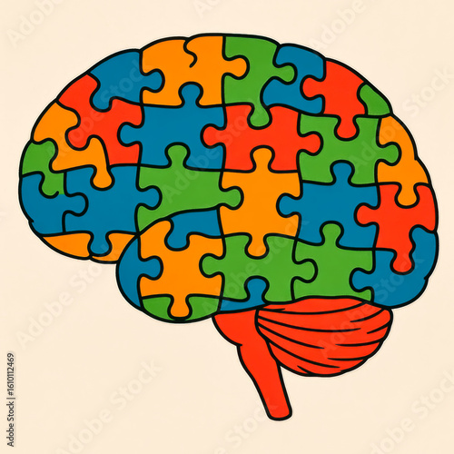 A human brain composed of interlocking puzzle pieces in multiple colors including blue, green, orange, red, and yellow. Represents neurodiversity, mental health and cognitive complexity
