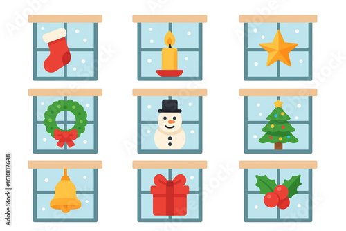 Flat Vector Christmas Window Decoration Icons, Festive Holiday Set