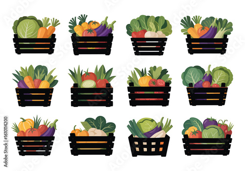 Collection of Fresh Vegetables and Produce in Wooden Crates Healthy Eating and Farm to Table Concept