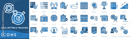Goal Setting and Tracking icon set. Goal Target, Progress Bar, Milestone Marker, Action Plan, Success Path, Daily Tracker, Smart Goals and Achievement Badge