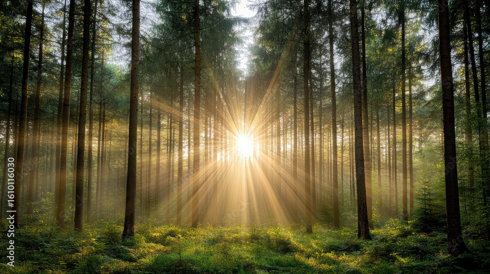 Fototapeta premium Sunlight breaks through tall pines in serene forest, creating magical atmosphere