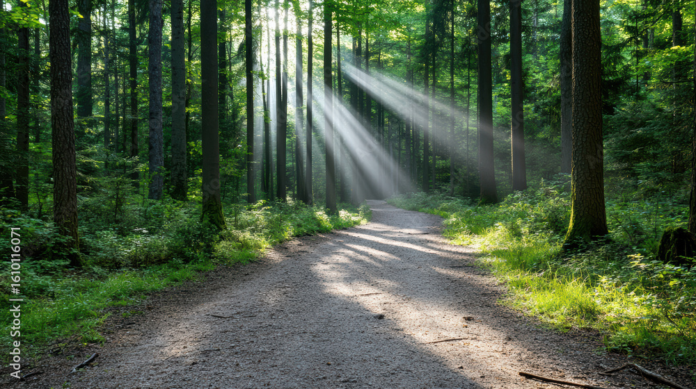 Naklejka premium Lush forest trail with morning fog and sunbeams illuminating path, creating serene atmosphere