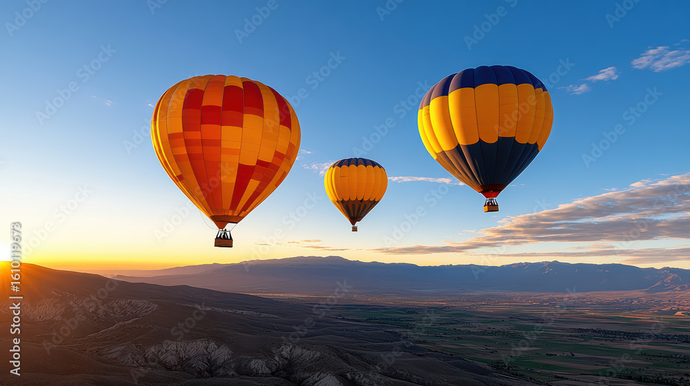 Fototapeta premium Colorful hot air balloons soaring over scenic landscape at sunrise, creating serene atmosphere