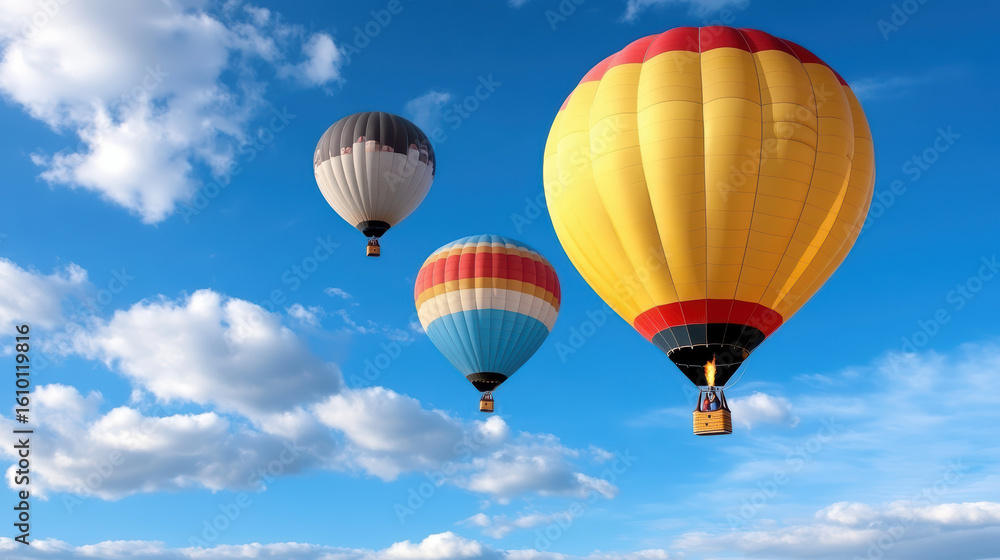Fototapeta premium Colorful hot air balloons floating bright blue sky with fluffy clouds create serene atmosphere