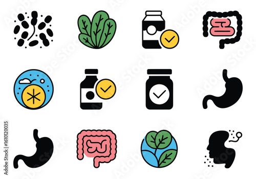 Set of vector icons depicting gut health and nutrition including probiotics prebiotics and healthy digestion