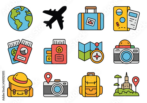 Travel and Tourism Icon Set with Globe Airplane Luggage and Travel Documents representing adventure and vacation planning for travellers worldwide