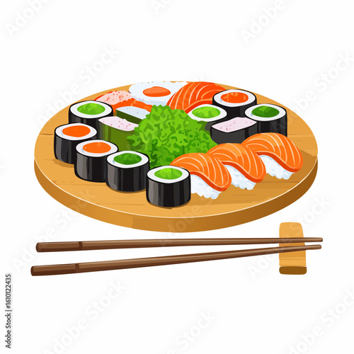 Delicious Japanese sushi rolls with salmon, rice, and fresh fish, served on a plate with chopsticks